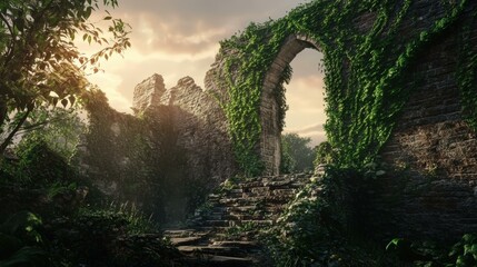 Fototapeta premium Stone archway overgrown with vines, leading to a path.