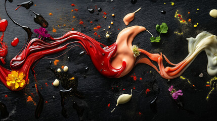 Abstract Colorful Sauce Swirls on Black Slate, Artistic Culinary Presentation, Modern Food Art