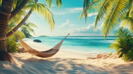 Fototapeta premium Hammock hanging between palm trees on a tropical beach.