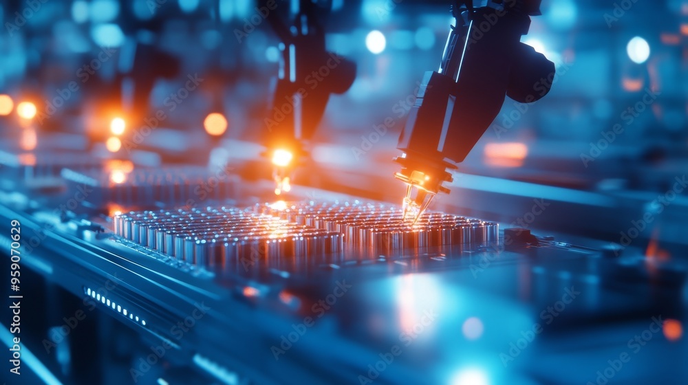 Poster close-up of robotic arms working on an assembly line, with glowing lights and a circuit board in foc