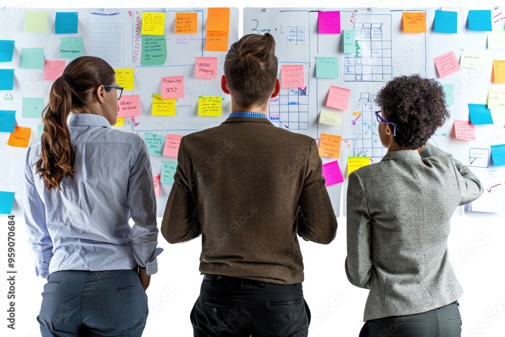 Poster a group of people gathered in front of a colorful wall with many sticky notes