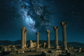 Ancient ruins under a star-filled sky.