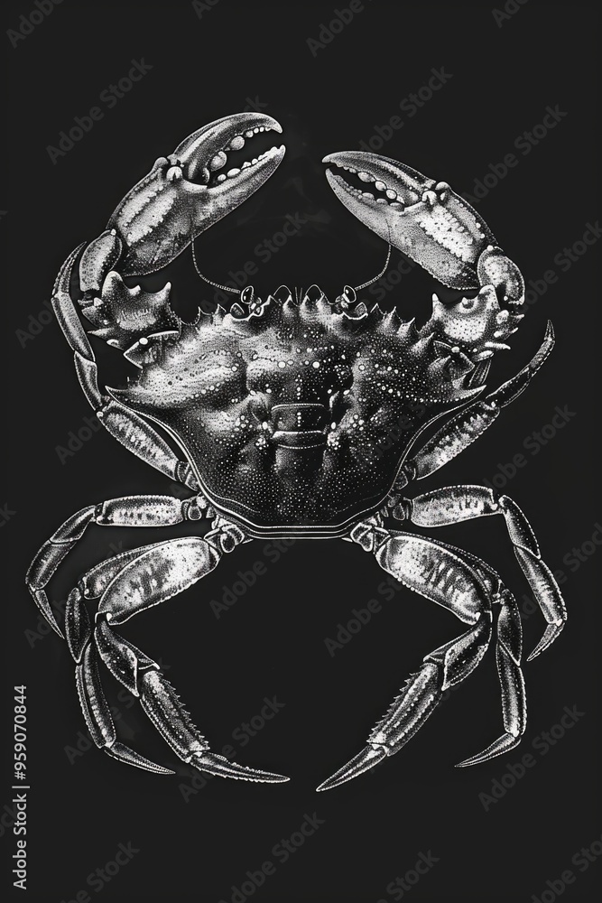 Poster A close-up view of a crab sitting on a black surface, its shell and claws visible