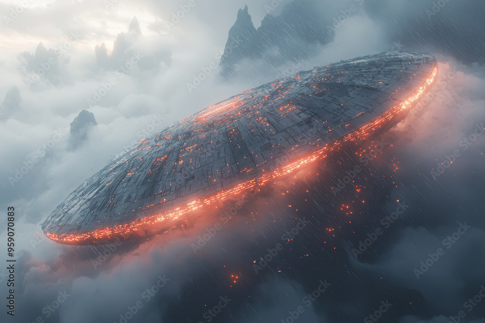 Aufkleber a strange, angular object with bright red lights, moving erratically across a stormy sky. concept of