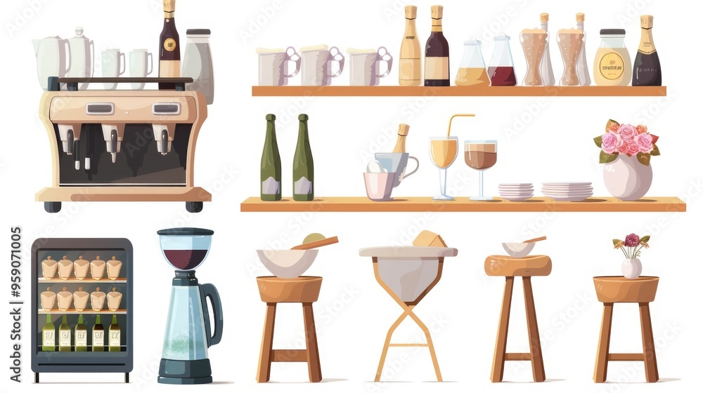 Poster various products and goods displayed on a shelf in a store or market