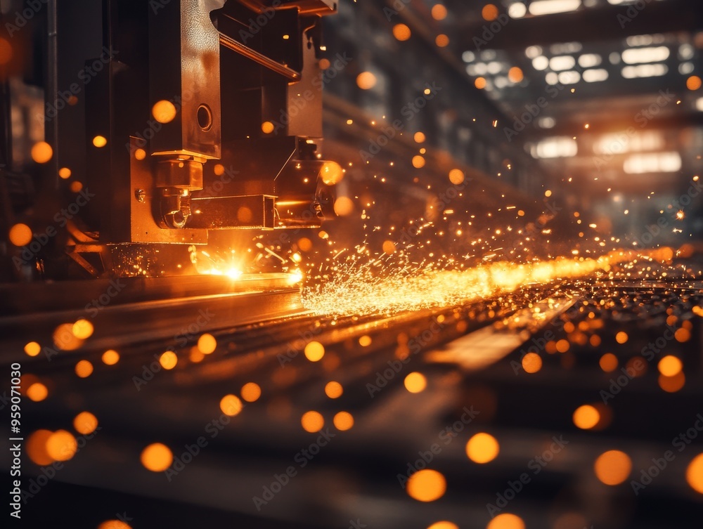 Poster close-up of sparks flying from a metalworking machine in a factory. the machine is in operation, and