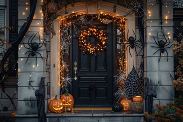 Spooky halloween porch with pumpkins and spider decorations illuminated by orange lights