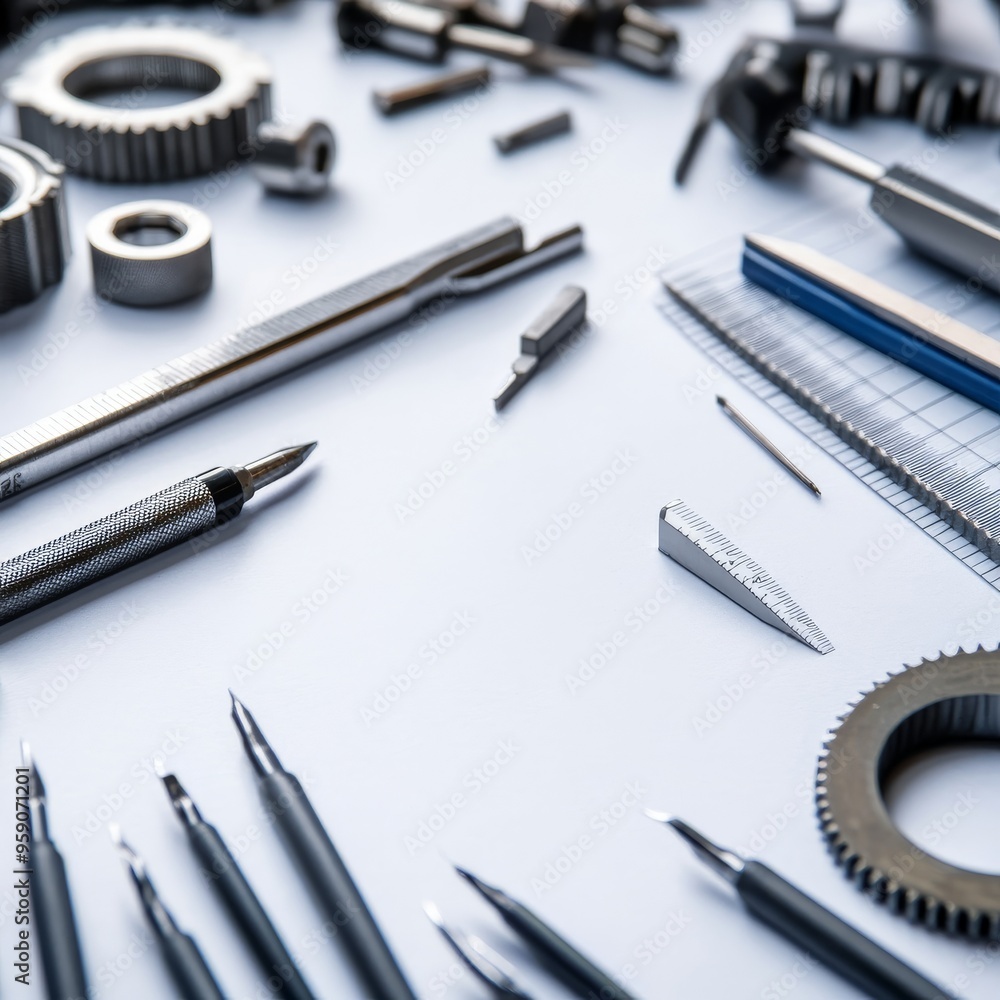 Poster close-up of various precision tools and gears on a white surface, creating a still life composition.