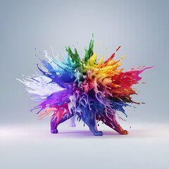 A 3D render of a vibrant explosion of colors in the shape of a cat's body. The explosion is centered on a pure white background.