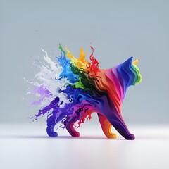 A 3D render of a vibrant explosion of colors in the shape of a cat's body. The explosion is centered on a pure white background.