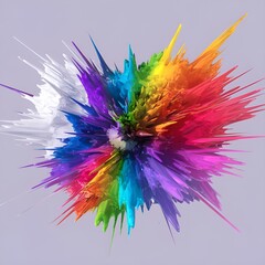 A 3D render of a vibrant explosion of colors in the shape of a cat's body. The explosion is centered on a pure white background.