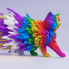 Obraz premium A 3D render of a vibrant explosion of colors in the shape of a cat's body. The explosion is centered on a pure white background.