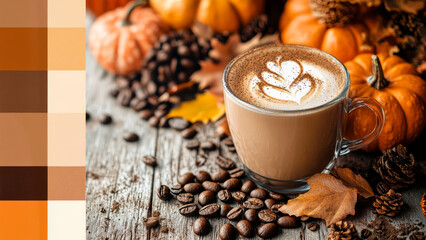 Pumpkin spice latte topped with whipped cream and cinnamon, fall-themed background