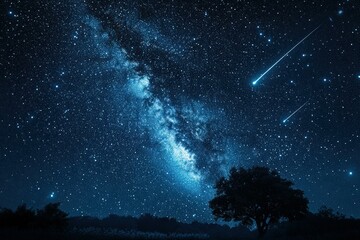 Fototapeta premium Starry night sky with shooting stars and trees.