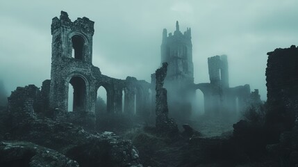 Obraz premium Stone ruins shrouded in misty fog.