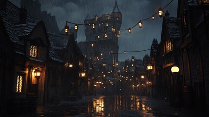 Obraz premium Rainy night in medieval town with lights.