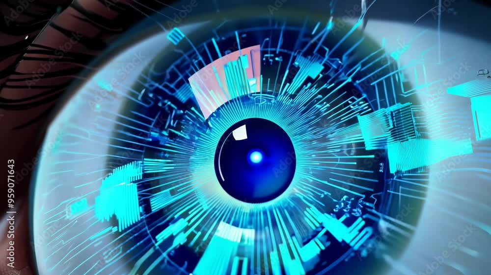 Poster Technology and science concept with cyber eye and circuit board depicting development of artificial intelligence or ai