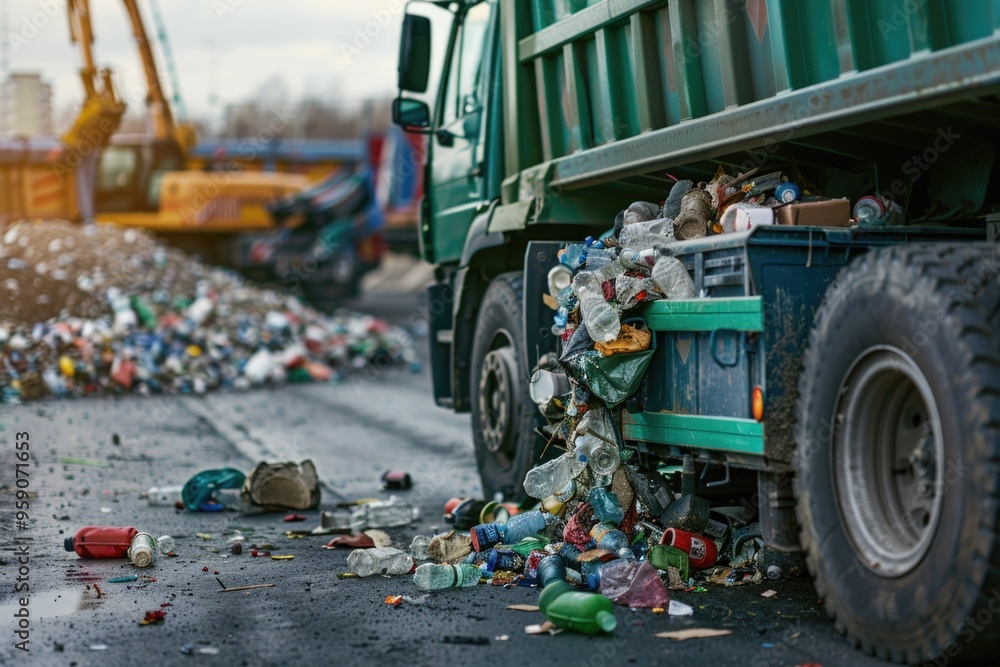 Poster dump truck loaded with waste next to a large pile of trash, great for environmental or pollution-rel