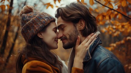 A romantic moment between a man and a woman in a woodland setting