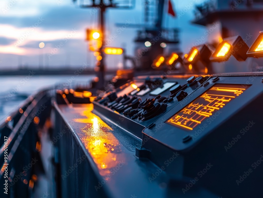Aufkleber close-up view of a ship's control panel with illuminated buttons and switches at sunset.