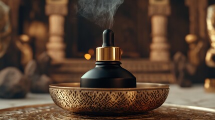 A small bottle of oil sitting in a bowl on top of some other objects, AI