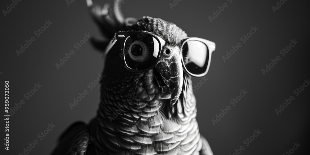 Poster a black and white photograph of a parrot wearing glasses, suitable for use in illustrations or desig