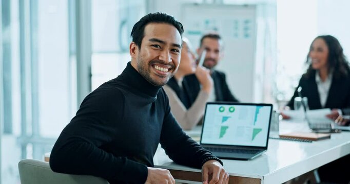 Man, business and computer in office meeting with website research, proposal graphic and planning at job. Face, data analyst and startup agency for advice, support and growth or revenue on laptop