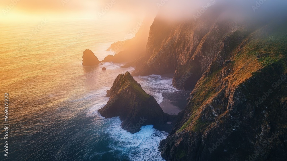 Wall mural Coastal cliffs at sunrise with fog.