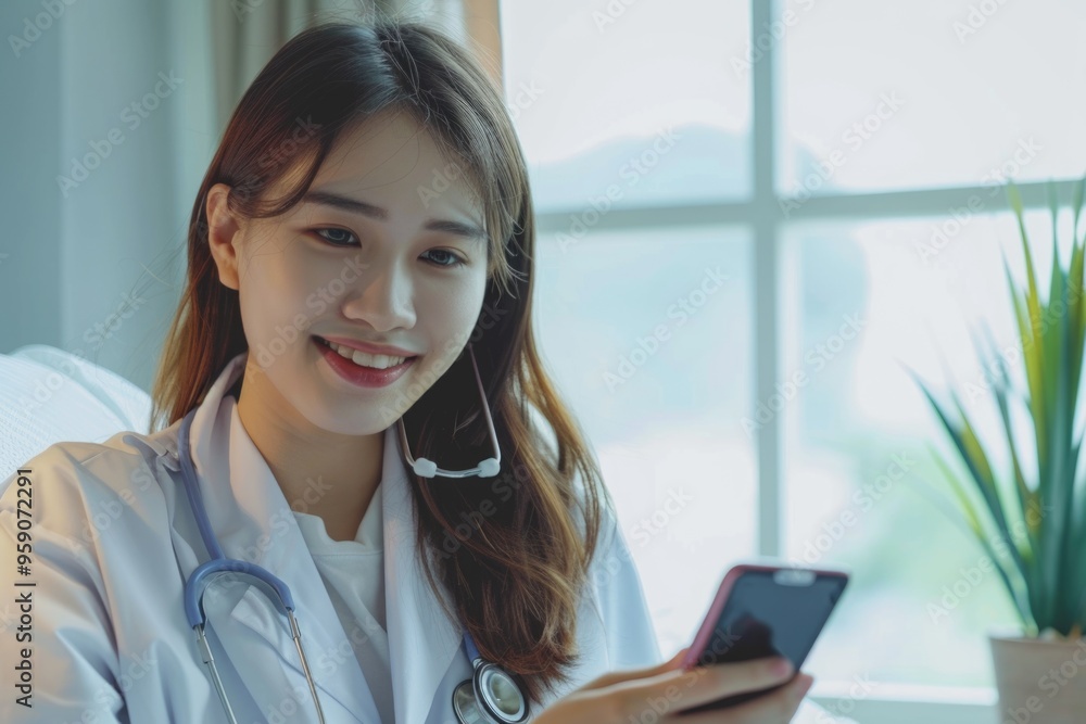 Aufkleber Scientist using her cell phone in a lab setting, possibly taking notes or checking messages