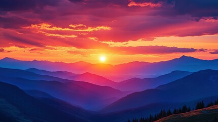 Obraz premium Sun setting over layered mountains.