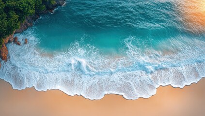 Aerial View of a Tropical Beach with Turquoise Water and White Waves