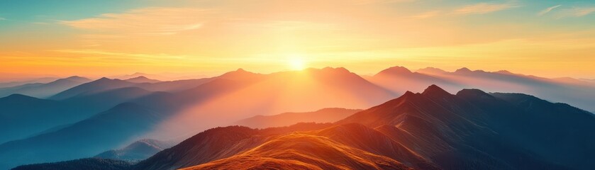 Breathtaking mountain landscape at sunrise, featuring vibrant colors and dramatic shadows over the stunning terrain.