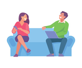 Good Company with Man and Woman Friend Sit with Gadget Vector Illustration