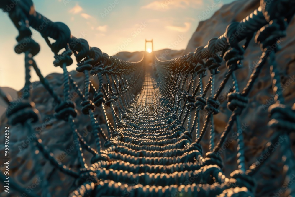 Aufkleber Image of a rope bridge with a cross in the background, suitable for use in a variety of contexts