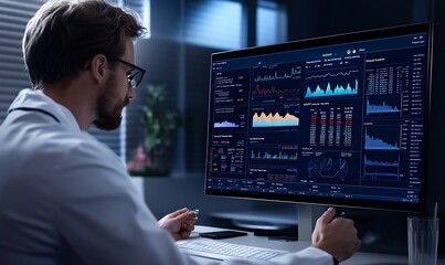 Obraz premium Man in Lab Coat Analyzing Data on a Computer Screen