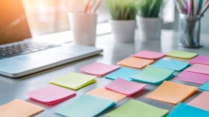 Colorful sticky notes scattered on a desk with a laptop and office supplies.