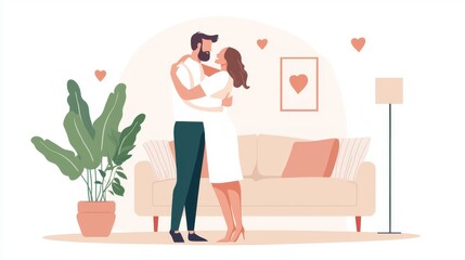 A couple embracing in a cozy living room, surrounded by heart symbols and warm decor.
