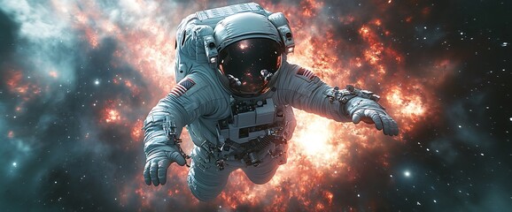 Astronaut floats through space with an orange nebula in the background.