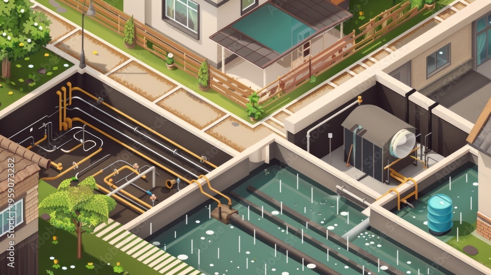 Poster a view of a building featuring a large water tank in the center