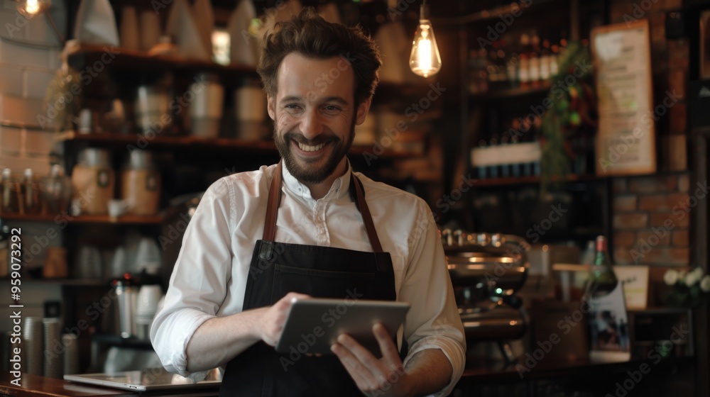 Poster A person in an apron holds a tablet computer, useful for illustration or graphic design
