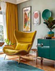 living room with yellow chair 