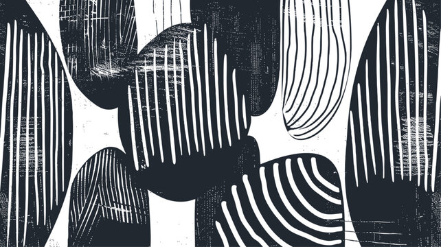 A black and white abstract geometric pattern with overlapping lines and shapes, vector illustration.
