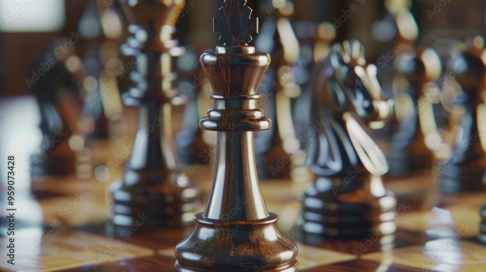 Poster a detailed shot of a chess game in progress, featuring various pieces and squares