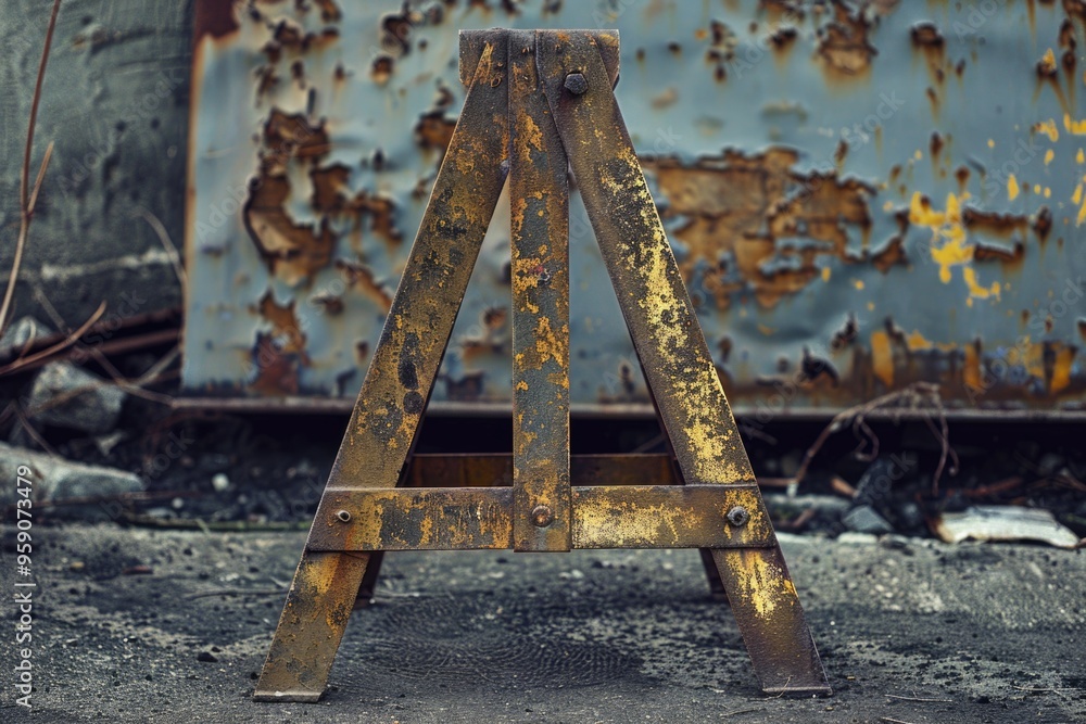 Poster an old wooden easel standing in front of a rusty, abandoned building