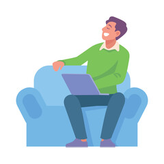 Business Man Character with Laptop in Sitting Pose Vector Illustration