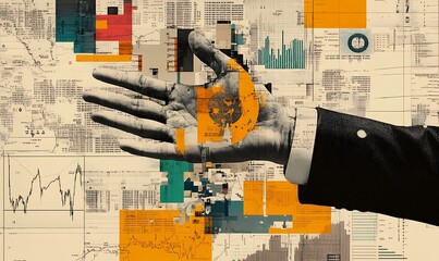 Hand Reaching Out from a Collage of Data and Graphs