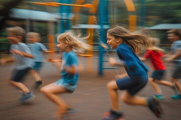 Children running and playing joyfully at playground, showcasing active outdoor fun and energy, perfect for family, fitness, and lifestyle promotions