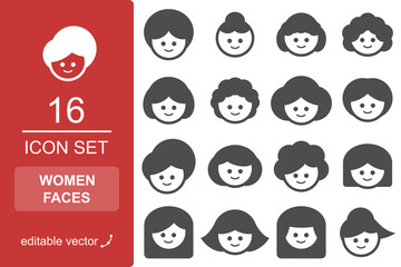 Obraz premium Women faces icon set. Editable line vector of girl faces and hair styles.