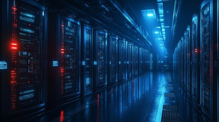 Data center with server racks and glowing bluered LED lights in a futuristic facility for advanced computing and storage solutions