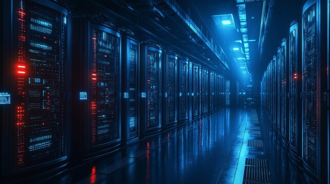Data center with server racks and glowing bluered LED lights in a futuristic facility for advanced computing and storage solutions